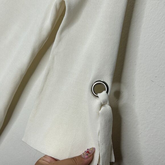 NWT Olivia Warren Off-White Round Neck 3/4 Grommet Tie-Sleeve Sweater Small - Picture 2 of 8